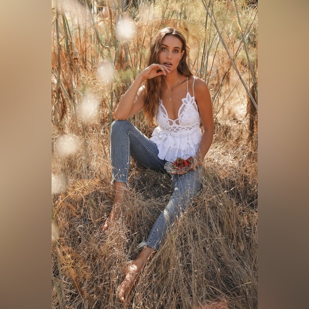 New Free People Adella White Lace Smocked Back Cotton Blend Ruffle Layered Cami